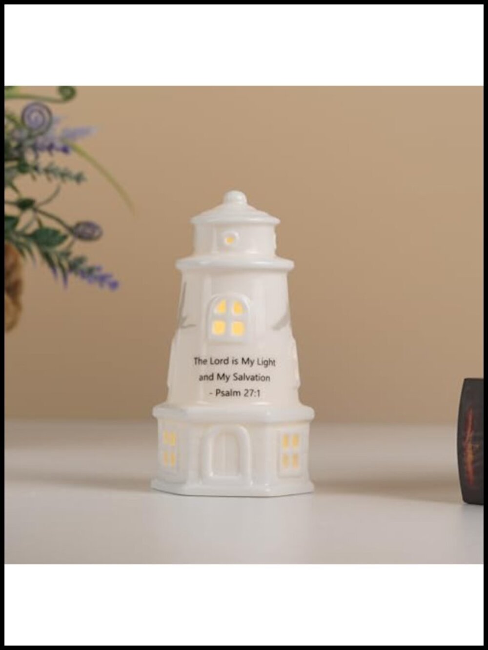 Ceramic Lighthouse Lamp Bible Verse Psalm 27:1 Battery Operated Coastal